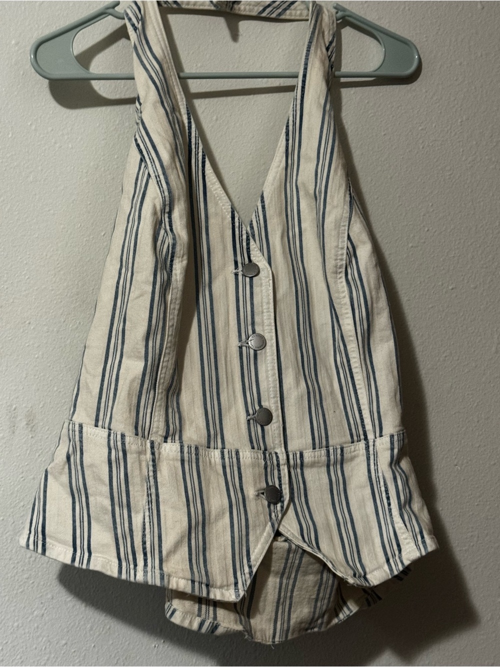 Women’s Striped Button-Front Halter Romper - White and Blue